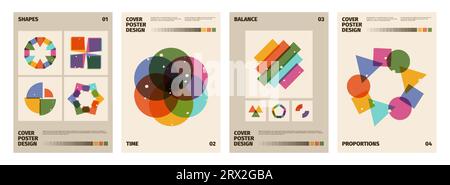 Riso geometric poster. Abstract linocut print with geometric shapes and floral elements. Vector minimal 90s retro wallpaper. Cover poster designs with basic forms as circle, square Stock Vector
