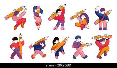 People with pencils. Hands with writing instruments. Man woman characters with pens and drawing tools. Creative worker vector set. Boys and girls carrying stationary, author profession Stock Vector