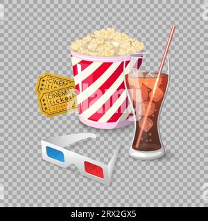 Collection icon symbols on watching movies in cinema style Flat on a transparent background Vector Illustration. Elements of the film industry 3d glas Stock Vector