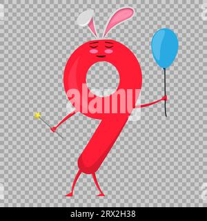 Nine Cute fun colorful figure in the form of cartoon characters for kids isolated. Vector Illustration children s mathematical symbol, smiling. Stock Vector