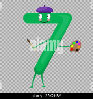Seven Cute fun colorful figure in the form of cartoon characters for kids isolated. Vector Illustration children s mathematical symbol, smiling. Stock Vector