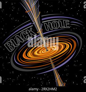 Vector illustration of Black Hole, square astronomical poster with fantasy print with hot rotating orange gas clouds and line art cosmo jets from supe Stock Vector