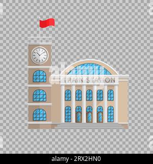 Train station building Flat style isolated on transparent background Vector Illustration. Railway station transport train locomotive, passenger travel Stock Vector