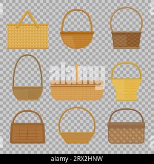 Empty baskets set isolated on transparent background vector illustration. Wicker picnic baskets, picnic Easter holiday, osier container clean, symbols Stock Vector
