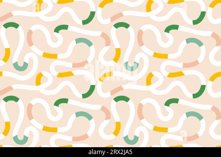 Seamless pattern of colorful abstract squiggles print, scribble spiral and wavy lines. retro 80s memphis style. Chaotic ink brush scribbles. Vector il Stock Vector