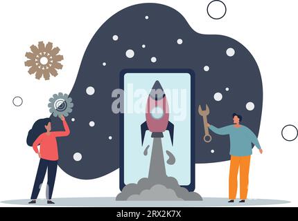 boost startup ideas and project release service. Mobile app launch and development of smartphone application. Stock Vector