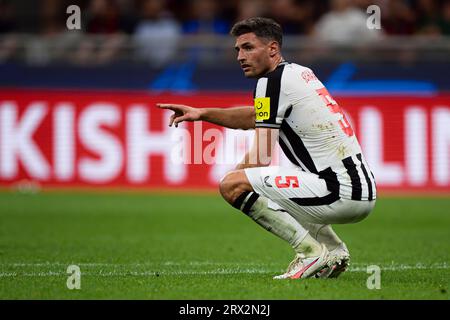 Fabian Schar of Newcastle United FC gestures during the UEFA Champions League football match between AC Milan and Newcastle United FC. Stock Photo