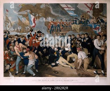 The death of Lord Nelson, 1758 – 1805, on the quarter deck aboard HMS Victory at the battle of Trafalgar, coloured engraving by J. Heath after Benjamin West, 1811 Stock Photo
