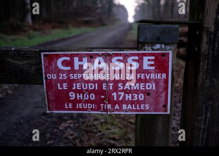 France, Brittany, Saint-Helen on 2021-12-21. The state forest of Coetquen at sunrise in late autumn. Photograph by Martin Bertrand. France, Bretagne, Stock Photo