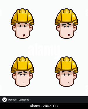 Icon set of a construction worker face with Hushed emotional expression variations. All elements neatly on well described layers and groups. Stock Vector