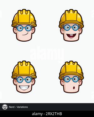 Icon set of a construction worker face with Nerd emotional expression variations. All elements neatly on well described layers and groups. Stock Vector