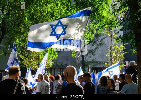 New York, USA. 22nd Sep, 2023. Demonstrators carry Israeli flags outside the United Nations headquarters as they protest against Israeli Prime Minister Benjamin Netanyahu as Netanyahu was about to address the 78th United Nations General Assembly. Credit: Enrique Shore/Alamy Live News Stock Photo