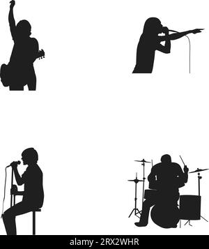 Band personnel, there are guitarist, vocalist, drummer, with silhouette style Stock Vector