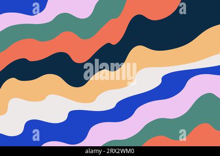 Retro abstract background in groove style. Distorted wavy pattern. Psychedelic curves vector design in 60-70s hippie style. Colorful striped pastel Stock Vector