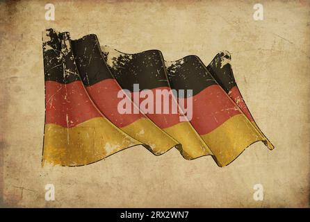 Textured aged Papyrus Background with a scratched illustration of the Waving Flag of Germany Stock Photo