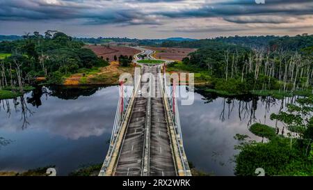 Aerial of a bridge cutting through the jungle to the future capital Ciudad de la Paz, Rio Muni, Equatorial Guinea, Africa Stock Photo