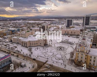 The downtown of the Siberian city of Ulan-Ude (Republic of Buryatiya, Russia), with the theater building, Soviet architecture, and city plaza Stock Photo