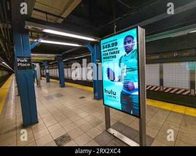 A digital ad for Hulu + Live TV promoting their streaming of live television, in the Park Place station in the subway in New York on Wednesday, September 20 2023. (© Richard B. Levine) Stock Photo