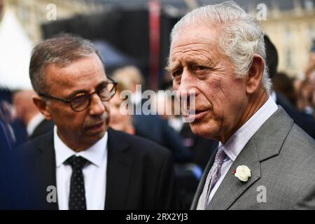 Bordeaux, France. 22nd Sep, 2023. Britain's King Charles III (R) speaks with Bordeaux's mayor Pierre Hurmic (L) at Place de la Bourse during the third day of his State Visit to France, in Bordeaux, southwestern France, on September 22, 2023. Britain's King Charles III and his wife Queen Camilla are on a three-day state visit starting on September 20, 2023, to Paris and Bordeaux, six months after rioting and strikes forced the last-minute postponement of his first state visit as king. Photo by Christophe ARCHAMBAULT/Pool/ABACAPRESS.COM Credit: Abaca Press/Alamy Live News Stock Photo