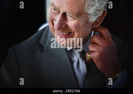 Bordeaux, France. 22nd Sep, 2023. Britain's King Charles III looks out of the window as he travels to Place de la Bourse using Bordeaux Credit: Abaca Press/Alamy Live News Stock Photo