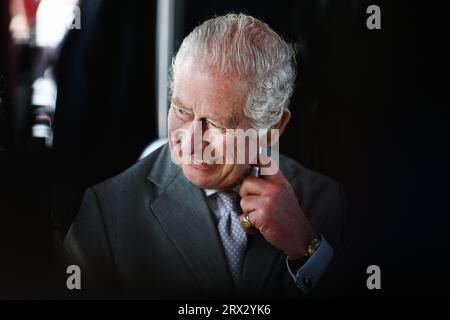Bordeaux, France. 22nd Sep, 2023. Britain's King Charles III smiles as he travels to Place de la Bourse using Bordeaux Credit: Abaca Press/Alamy Live News Stock Photo