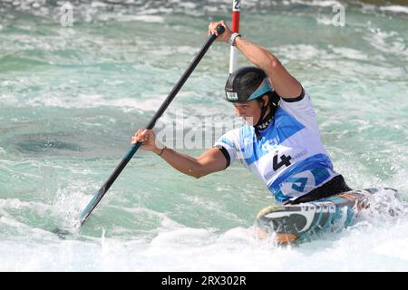 Waltham Cross, UK. 22nd Sep 2023. The 2023 ICF Canoe Slalom World Championships are taking place at Lee Valley White Water Centre. Great Britain's Mallory Franklin powers her way to the gold medal in the women's C1 slalom. Credit: Eastern Views/Alamy Live News Stock Photo