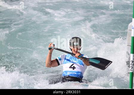 Waltham Cross, UK. 22nd Sep 2023. The 2023 ICF Canoe Slalom World Championships are taking place at Lee Valley White Water Centre. Great Britain's Mallory Franklin powers her way to the gold medal in the women's C1 slalom. Credit: Eastern Views/Alamy Live News Stock Photo