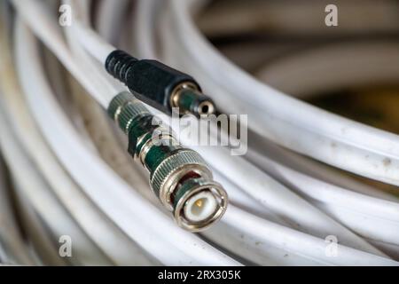 close-up coaxial connectors cable for Transmitting TV, CCTV Stock Photo
