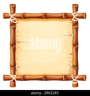 Bamboo frame with old parchment paper decorated with rope in cartoon style isolated on white background. Game ui board, sign. Vector illustration Stock Vector