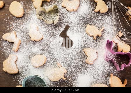 Easter gingerbread cookies. Eggs and rabbits. Top view Stock Photo