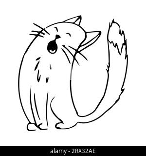 Cute singing cat, kitten in line doodle style emotional character isolated on white background. Comic Pet drawing. Vector illustration Stock Vector