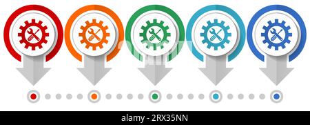 Repair, industry, service concept vector icon set, flat design infographic template, set pointer concept icons in 5 color options for webdesign and mo Stock Vector