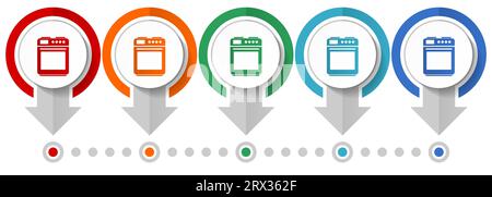 Stove and oven vector icon set, flat design infographic template, set pointer concept icons in 5 color options for webdesign and mobile applications Stock Vector