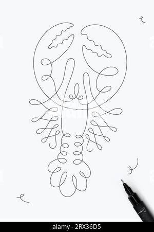 Lobster sea creature drawing in pen line style on white background Stock Vector