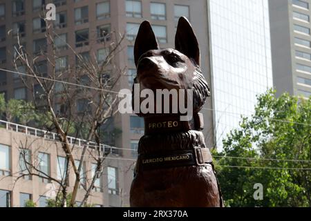 Non Exclusive: September 21, 2023, Mexico City, Mexico: The monument to the rescue dog “Proteo”, who died in Turkey in February 2023 in rescue actions Stock Photo