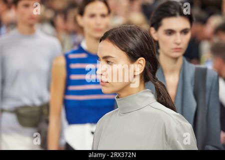 Irina Shayk walks on the runway during the Versace Fashion show