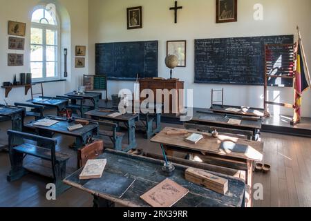 19th century classroom of country school at Domaine du Fourneau Saint-Michel, open-air museum of Walloon rural life at Saint-Hubert, Ardennes, Belgium Stock Photo