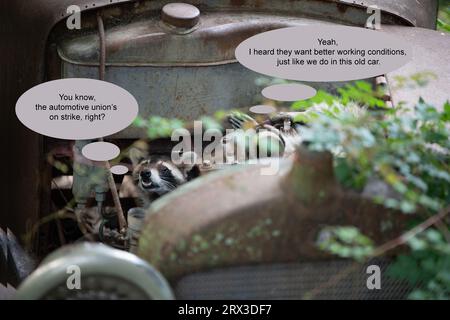 Two raccoons in old rusty vehicle discussing the automotive union's strike Stock Photo