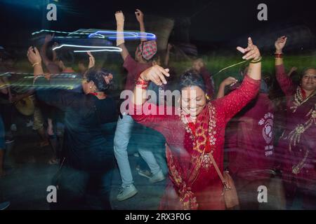 Nepal. 22nd Sep, 2023. People dance and celebrate as the members of Choking Ganesh Dhimey Baja Khala complete their music training session in Sipadol, Bhaktapur on Friday. (Credit Image: © Amit Machamasi/ZUMA Press Wire) EDITORIAL USAGE ONLY! Not for Commercial USAGE! Stock Photo