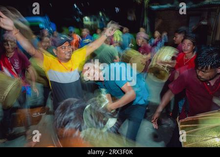 Nepal. 22nd Sep, 2023. People dance and celebrate as the members of Choking Ganesh Dhimey Baja Khala complete their music training session in Sipadol, Bhaktapur on Friday. (Credit Image: © Amit Machamasi/ZUMA Press Wire) EDITORIAL USAGE ONLY! Not for Commercial USAGE! Stock Photo