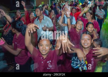 Nepal. 22nd Sep, 2023. People dance and celebrate as the members of Choking Ganesh Dhimey Baja Khala complete their music training session in Sipadol, Bhaktapur on Friday. (Credit Image: © Amit Machamasi/ZUMA Press Wire) EDITORIAL USAGE ONLY! Not for Commercial USAGE! Stock Photo