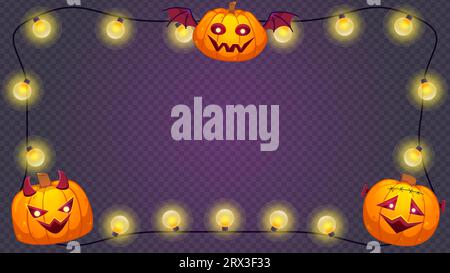 Cute Halloween frame with pumpkins and lights bulbs. Element in cartoon style for designs. Colorful vector Illustration isolated. Stock Vector