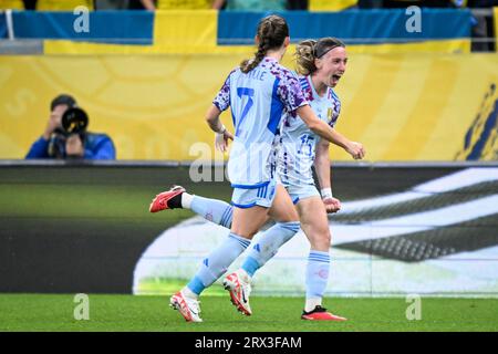 Spain's Eva Navarro (R) celebrates scoring with Ona Batlle during the UEFA Women's Nations League soccer match (League A , Group A4) between Sweden and Spain at Gamla Ullevi in Gothenburg, Sweden, on Sept. 22, 2023.Photo: Björn Larsson Rosvall / TT / code 9200 Stock Photo