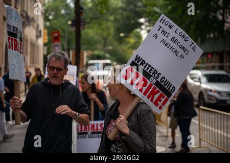 New York, USA. 22nd Sep, 2023. Members of the The Writers Guild of America-East (WGA) gather with supporters to picket outside of ABC studios during a taping of the television show The View, as part of an ongoing labor strike in New York, NY on September 22, 2023. The strike commenced on May 2, 2023 after union negotiations with film studios and streaming services, negotiating together as the Alliance of Motion Picture and Television Producers (AMPTP), broke down. (Photo by Matthew Rodier/Sipa USA) Credit: Sipa USA/Alamy Live News Stock Photo