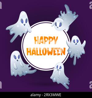 Happy Halloween poster with cute ghosts on dark background. Trick or treat. Square shape. Colorful vector illustration in cartoon style. Stock Vector