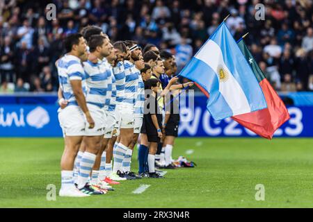 Saint-Étienne, France. 22nd September, 2023. Anthems before the Rugby World Cup Pool D match between Argentina and Samoa at Stade Geoffroy-Guichard. Credit: Mateo Occhi (Sporteo) / Alamy Live News Stock Photo