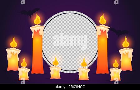 Cute Halloween background with candles and bats. With place for photo. Element in cartoon style for designs. Colorful vector Illustration. Stock Vector