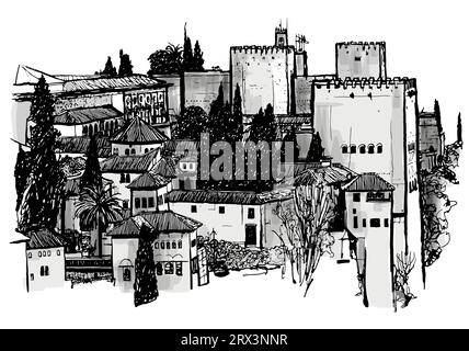 Black and white drawing of Granada in Spain - vector illustration (Ideal for printing, poster or wallpaper, house decoration) Stock Vector