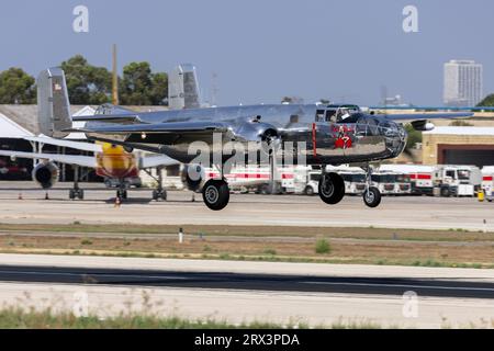 Red Bull (The Flying Bulls) North American B-25J Mitchell (REG: N6123C) arriving to participate in MIA 2023. Stock Photo