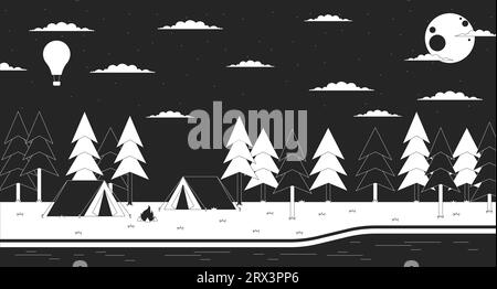 Campground nature at night outline 2D cartoon background Stock Vector